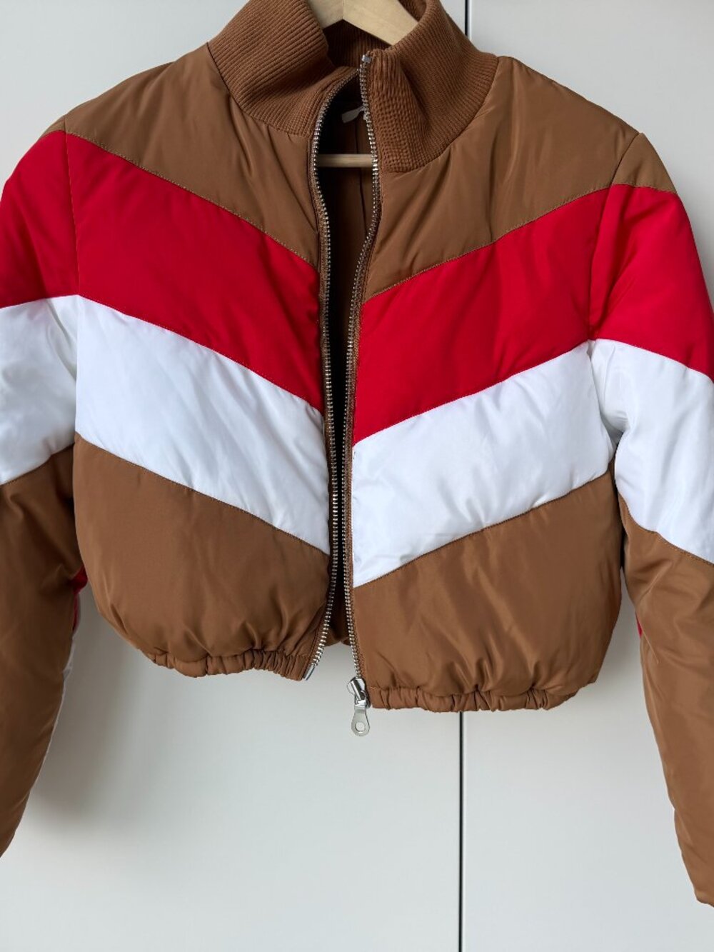 Tularosa Brown Red White Colorblock Cropped Puffer Jacket – S